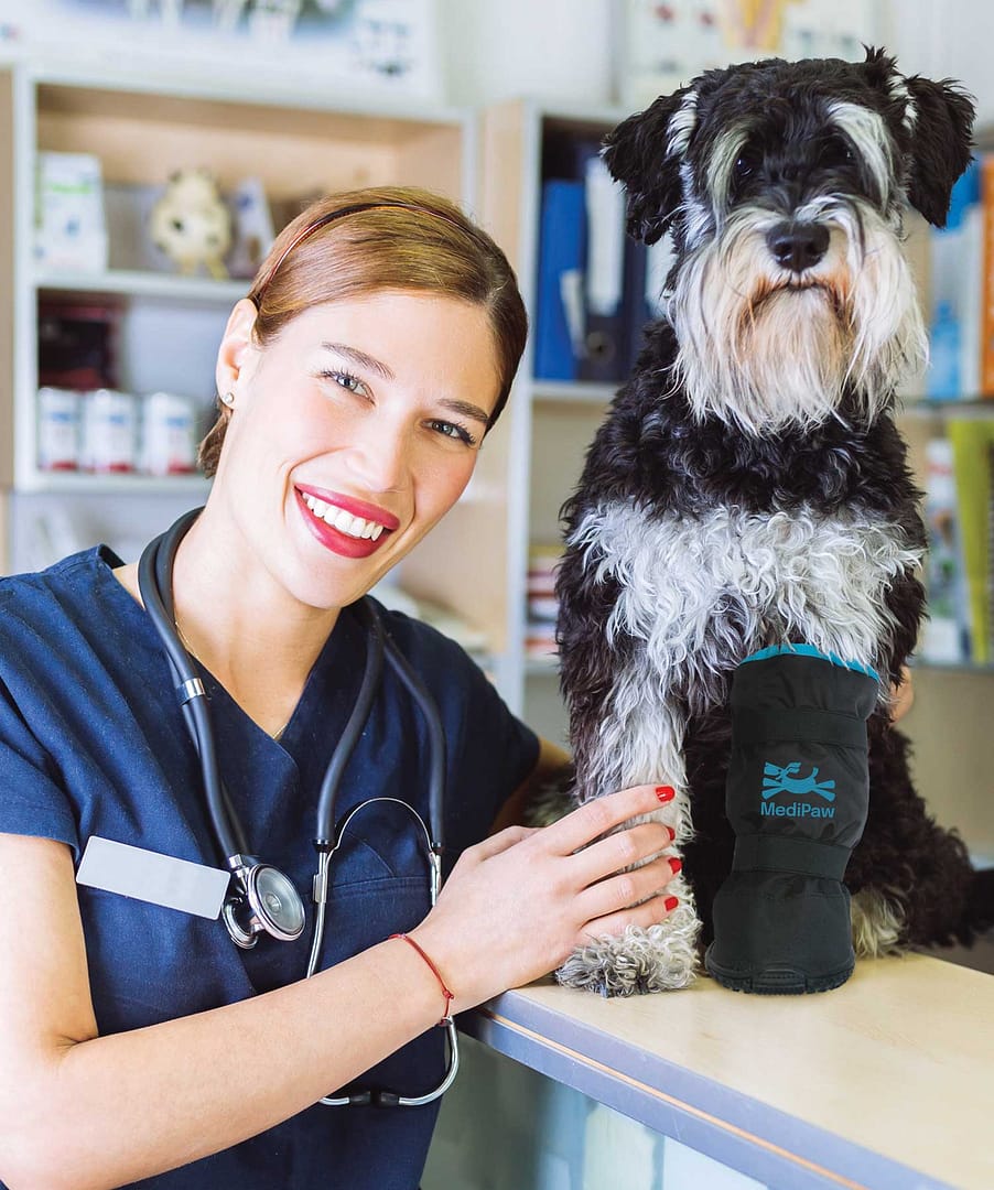 Veterinary Assistant smiling next to a schnauzer wearing rugged x boot